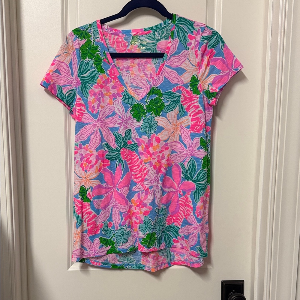 Lilly Pulitzer Pink and Green Floral V-Neck Tee
